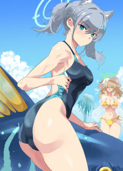 2girls animal_ear_fluff animal_ears bikini black_one-piece_swimsuit blue_archive blue_eyes breasts competition_swimsuit cross_hair_ornament extra_ears fish grey_hair hair_ornament halo hat ishizu_kayu large_breasts looking_at_viewer low_ponytail medium_breasts medium_hair mismatched_pupils multicolored_swimsuit multiple_girls nonomi_(blue_archive) nonomi_(swimsuit)_(blue_archive) official_alternate_costume one-piece_swimsuit ponytail shiroko_(blue_archive) shiroko_(swimsuit)_(blue_archive) side-tie_bikini_bottom solo_focus swimsuit wolf_ears yellow_bikini
