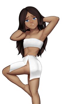 1girl armpits arms_behind_head ass avatar:_the_last_airbender avatar_legends bare_shoulders barefoot biting_own_lip blue_eyes breasts brown_hair dark-skinned_female dark_skin female_focus humantanchan katara loli long_hair looking_at_viewer simple_background small_breasts solo stomach thighs white_background