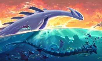 Rule 34 | blank eyes, chinchou, commentary, devin elle kurtz, fangs, finneon, fish, from side, gen 1 pokemon, gen 2 pokemon, gen 3 pokemon, gen 4 pokemon, gen 5 pokemon, gyarados, highres, jellicent, jellicent (male), legendary pokemon, lugia, lumineon, luvdisc, manaphy, mantine, mantyke, mythical pokemon, nintendo, no humans, open mouth, outdoors, palafin, partially underwater shot, phione, pokemon, pokemon (creature), pokemon focus, sparkle, star (sky), suicune, totodile, twilight, wailmer, wailord, walking, walking on liquid, water