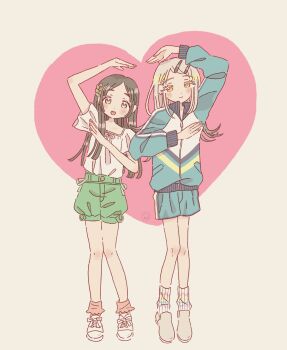 2girls aqua_shorts arm_up baggy_shorts blonde_hair blouse blue_jacket blunt_ends blush bouryoku_hantai brown_eyes closed_mouth colored_eyelashes commentary earrings flipped_hair full_body gakuen_idolmaster gradient_hair green_shorts grey_hair hair_ornament hairclip heart heart_arms heart_arms_duo heart_background highres idolmaster jacket jewelry kuramoto_china laurels leaf_hair_ornament long_hair looking_at_viewer multicolored_hair multicolored_jacket multiple_girls open_mouth orange_eyes orange_socks parallel_hairclips parted_bangs shinosawa_hiro shirt shoes shorts side-by-side simple_background smile sneakers socks standing striped_clothes striped_jacket striped_shorts stud_earrings symbol-only_commentary track_jacket vertical-striped_clothes vertical-striped_jacket vertical-striped_shorts white_jacket white_shirt white_shoes white_socks zipper zipper_pull_tab