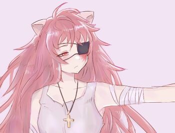1girl bandaged_arm bandages blush closed_mouth collarbone commentary commission cross cross_necklace elfen_lied english_commentary eyepatch grey_tank_top horns injury jewelry leiden_yaegore long_hair looking_to_the_side lucy_(elfen_lied) messy_hair necklace outstretched_arm pink_hair red_eyes solo tank_top very_long_hair