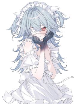 1girl back_bow black_hands blush bow closed_mouth colored_extremities commentary commission dot_nose dress eyepatch frilled_dress frilled_hairband frilled_sleeves frills grey_hair hair_between_eyes hairband hands_up highres karyln long_hair looking_at_viewer medical_eyepatch original puffy_short_sleeves puffy_sleeves red_eyes short_sleeves sidelocks simple_background smile solo straight-on two_side_up upper_body white_background white_bow white_dress white_hairband winged_hat