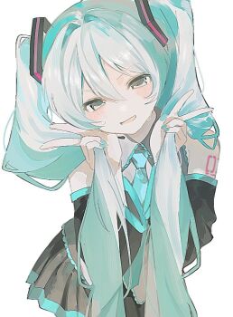 1girl aqua_eyes aqua_hair aqua_nails aqua_necktie aqua_trim bare_shoulders black_skirt black_sleeves collared_shirt detached_sleeves double-parted_bangs fingernails grey_shirt hair_between_eyes hair_ornament hashtag-only_commentary hatsune_miku headset holding holding_own_hair long_hair miniskirt nail_polish necktie number_tattoo open_mouth potofu_(4knvytk3an18179) shirt shoulder_tattoo skirt sleeveless sleeveless_shirt solo tattoo twintails twintails_day very_long_hair vocaloid white_background