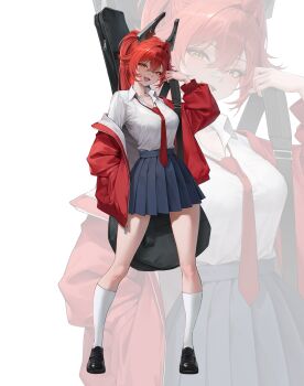 1girl absurdres blue_skirt blush breasts collared_shirt goddess_of_victory:_nikke greenpie guitar guitar_case hair_between_eyes hashtag-only_commentary highres horns instrument instrument_case jacket large_breasts long_hair long_sleeves looking_at_viewer mechanical_horns necktie open_clothes open_jacket open_mouth pleated_skirt ponytail red_hair red_hood_(nikke) red_jacket red_necktie shirt shoes skirt smile socks white_shirt white_socks yellow_eyes zoom_layer