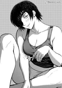 1girl artist_name breasts chainsaw_man cigarette collarbone commentary dotted_background english_commentary eyepatch greyscale hatching_(texture) highres himeno_(chainsaw_man) holding holding_cigarette large_breasts legs looking_at_viewer monochrome panties parted_lips seveninks short_hair sitting sleeveless solo tank_top underwear