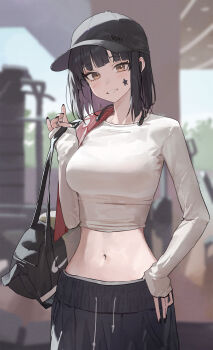 1girl absurdres black_bag black_hair black_hat black_nails blurry blurry_background blush breasts dated_commentary facial_tattoo fingernails hat highres large_breasts long_sleeves looking_at_viewer mac_star midriff nail_polish navel original shirt short_hair solo star_(symbol) star_tattoo tattoo white_shirt