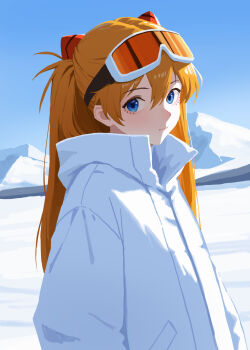 1girl blue_eyes coat commentary_request goggles goggles_on_head hair_between_eyes highres interface_headset_(evangelion) long_hair looking_at_viewer mountain neon_genesis_evangelion orange_hair remon_popu ski_goggles snow souryuu_asuka_langley white_coat winter winter_clothes winter_coat