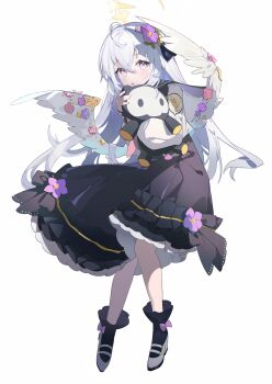 1girl ankle_socks azusa_(blue_archive) black_dress black_ribbon black_sailor_collar black_socks blue_archive bow_legwear cardigan crossed_bangs dress e_li_(77864296) feathered_wings flower frilled_dress frills full_body hair_between_eyes hair_flower hair_ornament hair_ribbon halo highres holding holding_stuffed_toy long_hair long_sleeves low_wings mary_janes parted_lips pink_flower puffy_long_sleeves puffy_sleeves purple_eyes purple_flower ribbon sailor_collar school_uniform serafuku shoes simple_background skullman_(blue_archive) socks solo straight_hair stuffed_animal stuffed_toy white_background white_cardigan white_hair white_shoes white_wings wing_ornament wings yellow_flower yellow_halo