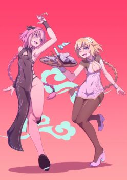 Rule 34 | 1boy, 1girl, armpits, astolfo (fate), blonde hair, blue eyes, braid, braided ponytail, breasts, china dress, chinese clothes, cleavage, dress, fate/grand order, fate (series), hairband, hej 510, high heels, jeanne d'arc (fate), medium breasts, pantyhose, pink eyes, pink hair, qipao dress, simple background, towel, trap, tray, wristband