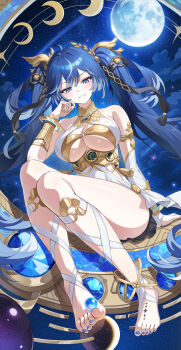 1girl absurdres ahoge ancient_greek_clothes armlet bare_shoulders barefoot black_skirt blue_eyes blue_hair blue_nails breasts commentary feet fingernails full_body full_moon gold_bra greco-roman_clothes hand_up highres iuno_(wuthering_waves) jewelry kookie large_breasts laurel_crown leg_wrap light_blush long_hair looking_at_viewer moon multicolored_hair nail_polish orb parted_lips sitting skirt smile solo streaked_hair thighs toenail_polish toenails toes twintails underboob vambraces very_long_hair wuthering_waves