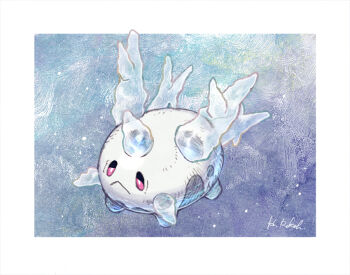 :< animal_focus border closed_mouth colored_sclera commentary_request full_body galarian_corsola galarian_form gen_8_pokemon half-closed_eyes hashibi_rokou nintendo no_humans pokemon pokemon_(creature) pokemon_focus red_sclera signature solo white_border white_eyes