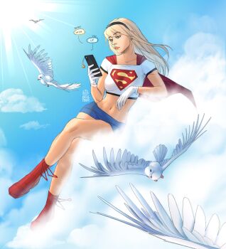 1girl absurdres artist_logo artist_name bird blonde_hair blue_skirt boots breasts cape cloud cloudy_sky commentary dc_comics dove english_commentary english_text gloves hairband highres leaning_to_the_side leotard lips logo looking_at_object navel nose phone red_boots red_cape skirt skull_fraxr sky sleeved_leotard solo sun sunlight supergirl superhero_costume superman_(series) superman_logo text_messaging tight_clothes toned white_gloves