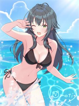 absurdres bare_shoulders bikini black_bikini black_hair breasts cleavage commentary_request cowboy_shot day gakuen_idolmaster green_eyes hand_up highres idolmaster long_hair looking_at_viewer mattarisan_3 medium_breasts ocean one_eye_closed open_mouth outdoors side-tie_bikini_bottom signature splashing swimsuit teeth tsukimura_temari upper_teeth_only water