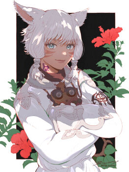 1girl animal_ears border closed_mouth commentary crossed_arms dark-skinned_female dark_skin eyelashes final_fantasy final_fantasy_xiv flower highres jacket looking_at_viewer mugi_kosuta outside_border plant red_flower smile solo standing white_border white_hair white_jacket y&#039;shtola_rhul