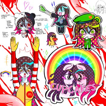 1girl anami_saki animalization bear_girl bird blood bloody_background blush clown_nose cosplay cupcakes_(my_little_pony) danganronpa_(series) danganronpa_2:_goodbye_despair dog_tags duck duck_(the_duck_song) eggydgrp flippy_(happy_tree_friends) flippy_(happy_tree_friends)_(cosplay) food green_eyes guro hachune_miku hachune_miku_(cosplay) happy_tree_friends hatsune_miku heart highres holding holding_food holding_spring_onion holding_vegetable horse injury mcdonald's meme military_uniform mismatched_eyes monokuma monokuma_(cosplay) my_little_pony my_little_pony:_friendship_is_magic organs original person_and_animalization rainbow ran_ran_ru ronald_mcdonald ronald_mcdonald_(cosplay) sketch spring_onion the_duck_song tsumiki_mikan vegetable vomiting white_background
