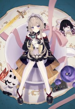 1girl alain_guillotin arlecchino_(genshin_impact) bare_shoulders basil_elton black_bow black_collar black_dress black_hair black_shoes black_sleeves blue_eyes bonnet bow brown_hair bug butterfly closed_mouth collar columbina_(genshin_impact) commentary cup detached_sleeves dress frilled_dress frilled_sleeves frills from_above full_body gem genshin_impact gloves hair_bow highres hugging_doll hugging_object in_container in_cup insect jakob_ingold long_sleeves looking_at_viewer mary-ann_(genshin_impact) multicolored_hair oceanid_(genshin_impact) pantyhose pink_bow pink_ribbon pomufuwari pulonia_(genshin_impact) purple_hair purple_streaks red_gem rene_de_petrichor ribbon sandrone_(genshin_impact) shoes short_hair_with_long_locks signora_(genshin_impact) solo streaked_hair stuffed_toy sword_of_narzissenkreuz_(genshin_impact) white_bow white_gloves white_headdress white_pantyhose wide_sleeves yellow_bow