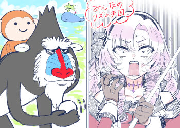 1girl absurdres anger_vein ball black_bow black_gloves black_hairband bow commentary_request copyright_name crossover dress gloves golf_ball hair_bow hairband hands_up highres holding holding_ball hyakumantenbara_salome long_hair mandrill_(animal) minna_no_rhythm_tengoku monkey nijisanji ocean off-shoulder_dress off_shoulder open_mouth outdoors purple_hair red_dress rhythm_tengoku screaming sweatdrop translation_request tree upper_body virtual_youtuber whale yuri_kyanon