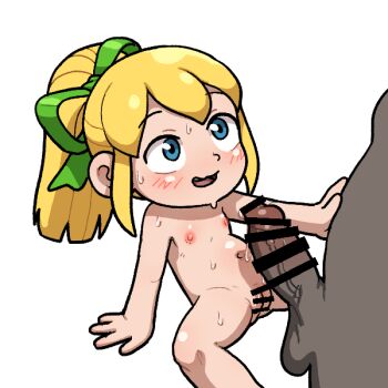1boy 1girl age_difference arm_support bar_censor blonde_hair blue_eyes censored cleft_of_venus dark-skinned_male dark_skin feet_out_of_frame flat_chest green_ribbon hair_ribbon imminent_penetration imminent_vaginal interracial leaning_back loli long_hair mega_man_(classic) mega_man_(series) nipples penis ponytail pussy ribbon roll_(mega_man) simple_background sitting solo_focus very_dark_skin white_background witchuus