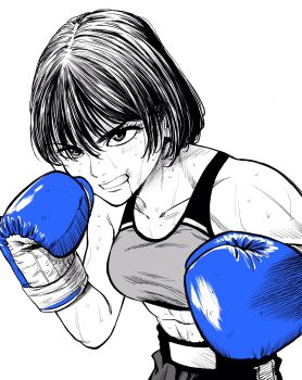 Rule 34 | 1girl, abs, blood, blood from mouth, blue gloves, boxing, boxing gloves, boxing shorts, breasts, commentary request, gloves, greyscale, hatching (texture), highres, lee (dragon garou), medium breasts, midriff, monochrome, mouth guard, original, serious, short hair, shorts, solo, sports bra, spot color, sweat, toned, toned female, upper body, very sweaty