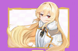 Rule 34 | 1girl, blonde hair, coat, expressionless, floating hair, fur-trimmed coat, fur trim, girls&#039; frontline, highres, long hair, looking at viewer, nagant revolver (girls&#039; frontline), red eyes, shenqi xiaohuang, simple background, solo, upper body, white coat