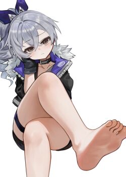1girl barefoot black_gloves black_jacket commentary_request crossed_legs dokomon feet foot_focus fur_trim gloves grey_hair highres honkai:_star_rail honkai_(series) jacket korean_commentary silver_wolf_(honkai:_star_rail) simple_background sitting soles solo thigh_strap toes white_background