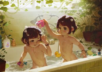 1boy 1girl :o alkemanubis androgynous bath bath_toy bathing bathing_another bathing_together bathroom bathtub bracelet brother_and_sister brown_hair bubble_bath completely_nude cup day friendship_charm gender_request green_eyes highres indoors jewelry kewpie_doll kodomo_doushi loli mixed-sex_bathing mug navel nipples nude original plant potted_plant pouring rubber_duck shared_bathing short_hair shota siblings soap_bottle sponge tareme toy twins wading washing washing_another