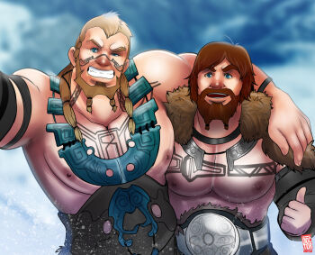 2boys arm_on_another&#039;s_shoulder bara beard belt blonde_hair blurry blurry_background braid braided_beard brothers brown_hair connected_beard doctor_anfelo facial_hair fur_trim god_of_war magni_(god_of_war) modi_(god_of_war) multiple_boys nipples one_eye_closed outdoors siblings smile thumbs_up
