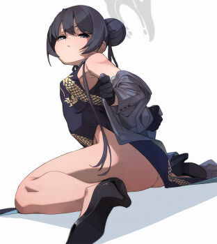 armpit_crease ass bare_shoulders black_dress black_gloves black_hair blue_archive braid braided_bun china_dress chinese_clothes commentary double_bun dragon_print dress expressionless from_below fu-ta gloves grey_eyes grey_halo hair_bun half-closed_eyes half_gloves halo high_heels hip_bones jacket kisaki_(blue_archive) looking_at_viewer looking_back panties pelvic_curtain print_dress removing_jacket simple_background sitting solo striped_clothes striped_jacket underwear vertical-striped_clothes vertical-striped_jacket wariza white_background white_panties