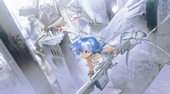 1girl absurdres bandaid bandaid_on_cheek bandaid_on_face blue_hair bodysuit boots building commentary flying gun highres holding holding_gun holding_weapon mecha mechanical_wings noco_(pixiv14976070) original pointy_ears robot skyscraper sleeveless sleeveless_bodysuit weapon white_bodysuit white_boots white_wings wings