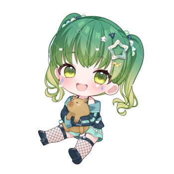 1girl :d animal animal_hug black_jacket black_shoes capybara chibi chitetan commentary_request copyright_request dotted_line fishnet_thighhighs fishnets full_body gradient_hair green_eyes green_hair hair_ornament heart jacket lightning_bolt lightning_bolt_hair_ornament lightning_bolt_symbol multicolored_hair open_mouth shoe_soles shoes simple_background sitting smile solo star_(symbol) star_hair_ornament thighhighs twintails virtual_youtuber watermark white_background