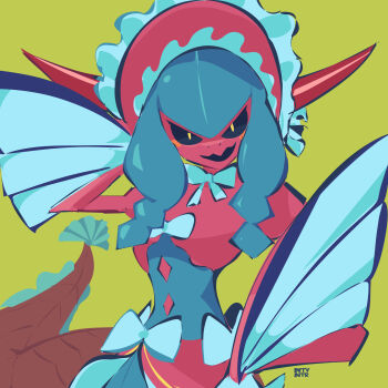 black_sclera blue_hair colored_sclera digimon digimon_(creature) hat horns lamia lamiamon long_hair monster_girl notaventura ribbon yellow_eyes