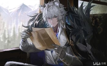 Rule 34 | 1boy, animal ears, arknights, black cape, cape, chinese commentary, closed mouth, coat, commentary request, fur-trimmed cape, fur trim, gloves, grey eyes, grey hair, hair between eyes, highres, holding, holding paper, lingear, long hair, paper, reading, silverash (arknights), silverash the reignfrost (arknights), sitting, snow leopard boy, snow leopard ears, solo, train interior, translation request, upper body, white coat, white gloves