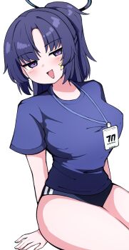 1girl blue_archive blue_buruma blue_eyes blue_hair blue_shirt blue_shorts blush breasts buruma gym_shirt gym_shorts gym_uniform halo id_card lanyard large_breasts long_hair open_mouth ponytail red_pupils shirt short_shorts shorts sitting smile solo star_(symbol) sticker sticker_on_face t-shirt thick_thighs thighs white_background yuntaro_(ramen_star) yuuka_(blue_archive) yuuka_(track)_(blue_archive)