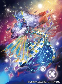 1girl blonde_hair blue_skin closed_mouth colored_skin copyright_notice elbow_gloves gloves grey_hair horse_mask horsehead_(wixoss) long_hair looking_at_viewer mask moreshan official_art red_eyes sky solo space star_(sky) starry_sky wings wixoss