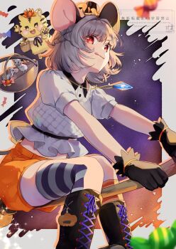 alternate_costume animal_ears ari_don black_boots black_gloves boots broom broom_riding gloves gradient_background grey_hair halloween halloween_costume highres medium_hair midriff_peek mouse_(animal) mouse_ears mouse_girl mouse_tail nazrin orange_shirt red_eyes shirt short_sleeves smile striped_clothes striped_thighhighs tail thighhighs thighs tongue tongue_out toramaru_shou toramaru_shou_(tiger) touhou watermark white_shirt yellow_eyes