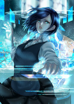 1girl bad_id bad_pixiv_id blue_eyes blue_hair female_focus floating_screen fujimoto_kishino highres hologram matching_hair/eyes original pleated_skirt skirt solo sweater_vest