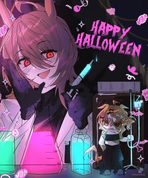 2girls agnes_tachyon_(umamusume) animal_ears beaker black_gloves black_pants black_shirt black_tube_top blush brown_hair chemical_structure coat earrings ears_down erlenmeyer_flask flask glass_bottle gloves hair_between_eyes half_updo hanarinart hands_up happy_halloween highres holding holding_syringe horse_ears horse_girl horse_tail intravenous_drip iv_stand jewelry jungle_pocket_(umamusume) lab_coat liquid looking_at_another mini_person minigirl multiple_girls nervous_sweating open_clothes open_coat open_mouth pants red_eyes shirt single_earring smile strapless sweat sweatdrop syringe tail tube_top umamusume water_drop white_coat yellow_eyes