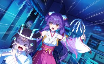 &gt;_&lt; 3girls animal_ears black_hair blue_fire braid candle cat_ears closed_eyes detached_sleeves fire game_cg gohei hair_ornament hakama highres hime_cut japanese_clothes kimono long_hair miko multiple_girls nekoashi_tsubomi nontraditional_miko official_art open_mouth purple_hair scared senju_iroha shiromaru_mito tassel tears third-party_source white_kimono world_dai_star yellow_eyes