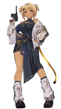 1girl absurdres black_dress black_shoes blonde_hair brown_eyes china_dress chinese_clothes dark-skinned_female dark_skin double_bun dress full_body gun hair_bun handgun highres holding holding_gun holding_weapon jacket jacket_partially_removed kaminari_qpi loose_socks mauser_c96 namako_(namacotan) off_shoulder shoes simple_background smile sneakers socks solo tube_socks virtual_youtuber vspo! weapon white_background white_jacket white_socks