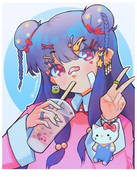 1girl bow bubble_tea contemporary double_bun hair_bun hello_kitty highres jewelry long_hair luzzylan purple_hair ranma_1/2 red_bow ring sanrio shampoo_(ranma_1/2) sidelocks twitter_username v