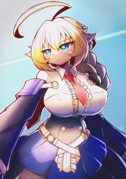 1girl ahoge arc_system_works blazblue blazblue:_central_fiction blonde_hair blue_eyes blush braid braided_ponytail breasts center_frills commentary dress english_commentary es_(xblaze) frills hair_between_eyes highres huge_ahoge huge_breasts long_hair long_sleeves necktie oppai_loli red_necktie richter_h shirt single_braid solo underbust white_shirt xblaze