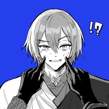 !? 1boy attsei blue_background commentary_request finger_to_another&#039;s_cheek fingersmile forced_smile gloves greyscale_with_colored_background grimace koyanagi_rou koyanagi_rou_(1st_costume) male_focus nijisanji short_hair simple_background two-tone_shirt upper_body virtual_youtuber