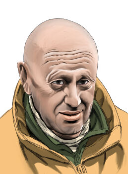1boy absurdres bald beard beard_stubble brown_eyes commentary_request facial_hair green_jacket highres jacket lips mature_male old old_man portrait rake_ta1gou real_life realistic russo-ukrainian_war shirt solo stubble wagner_group white_background white_shirt wrinkled_skin yellow_jacket yevgeny_prigozhin