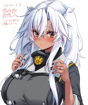 1girl black_nails blush breasts brown_eyes commentary_request dark-skinned_female dark_skin dated glasses grey_hair hair_between_eyes highres kantai_collection large_breasts long_hair looking_at_viewer mashiro_yukiya musashi_(kancolle) musashi_kai_ni_(kancolle) rectangular_eyewear semi-rimless_eyewear signature smile solo twintails upper_body very_long_hair white_hair
