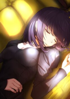 1girl black_dress black_hair breasts closed_eyes coach commentary dress eyelashes facing_to_the_side guimpe hand_on_own_stomach highres kuonji_alice lying mahou_tsukai_no_yoru medium_breasts medium_hair on_back overlighting parted_lips sleeping solo toomishou