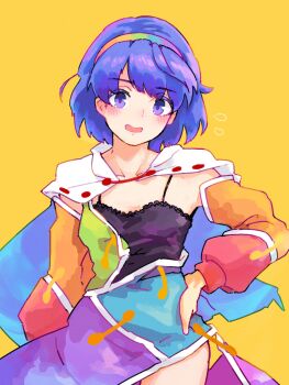 1girl black_camisole blue_eyes blue_hair blush breasts camisole cape collarbone commentary_request hairband highres long_sleeves multicolored_clothes multicolored_hairband open_mouth patchwork_clothes rainbow_gradient short_hair simple_background sky_print small_breasts spaghetti_strap tenkyuu_chimata touhou unzipped wasabisuke yellow_background zipper