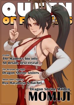 1girl bare_shoulders black_hair breasts bula cleavage closed_mouth cover fake_magazine_cover hand_on_own_hip high_ponytail highres japanese_clothes kuji-in large_breasts long_hair looking_at_viewer magazine_cover momiji_(ninja_gaiden) naginata ninja ninja_gaiden obi polearm ponytail red_sash sash sideboob smile solo thighs very_long_hair weapon