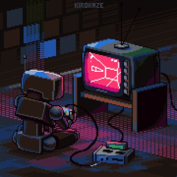 abueloretrowave animated animated_gif antennae controller dark_room from_behind game_console holding holding_controller indoors light looping_animation nes no_humans on_floor original pixel_art playing_games robot sitting spacecraft television wall wire