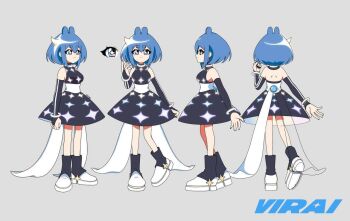 1girl black_dress black_nails blue_hair boots breasts closed_mouth commentary copyright_name detached_sleeves dress english_commentary from_behind from_side full_body grey_background medium_breasts multiple_views original rikani sash short_hair sleeveless sleeveless_dress smile standing star-shaped_pupils star_(symbol) straight-on symbol-shaped_pupils white_sash