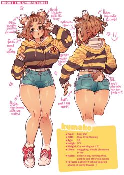 1girl ahoge animal_ears ankle_socks arm_up arrow_(symbol) ass back_peek bear_ears bear_girl bear_tail bee_print blush breasts brown_eyes brown_hair character_name closed_mouth commentary cropped_legs denim denim_shorts english_commentary english_text flower_symbol from_behind full_body hand_up hood hood_down hoodie kumako_(poch4n) large_breasts long_sleeves looking_at_viewer looking_back medium_hair midriff_peek multiple_views open_mouth original poch4n red_nails red_shoes reference_sheet shoes short_shorts shorts sidelocks simple_background sleeves_past_wrists smile sneakers socks striped_clothes striped_hoodie tail thick_eyebrows thick_thighs thighs two-tone_hoodie white_background white_socks